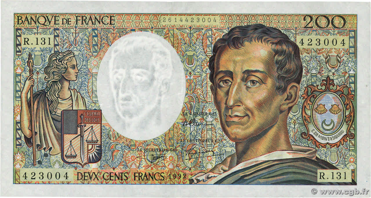 200 Francs MONTESQUIEU FRANCE 1992 F.70.12c TTB