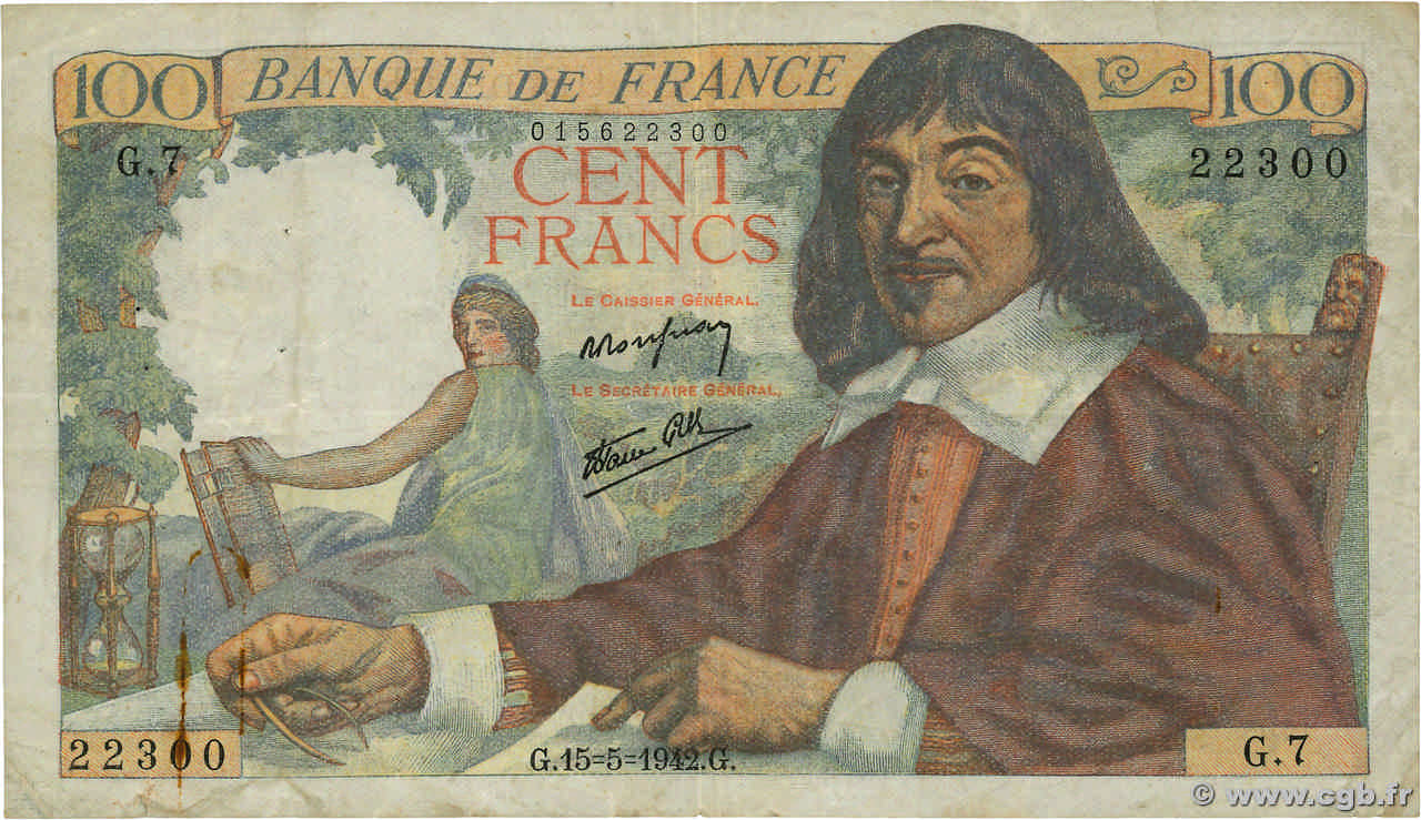 100 Francs DESCARTES FRANCE  1942 F.27.01 TB
