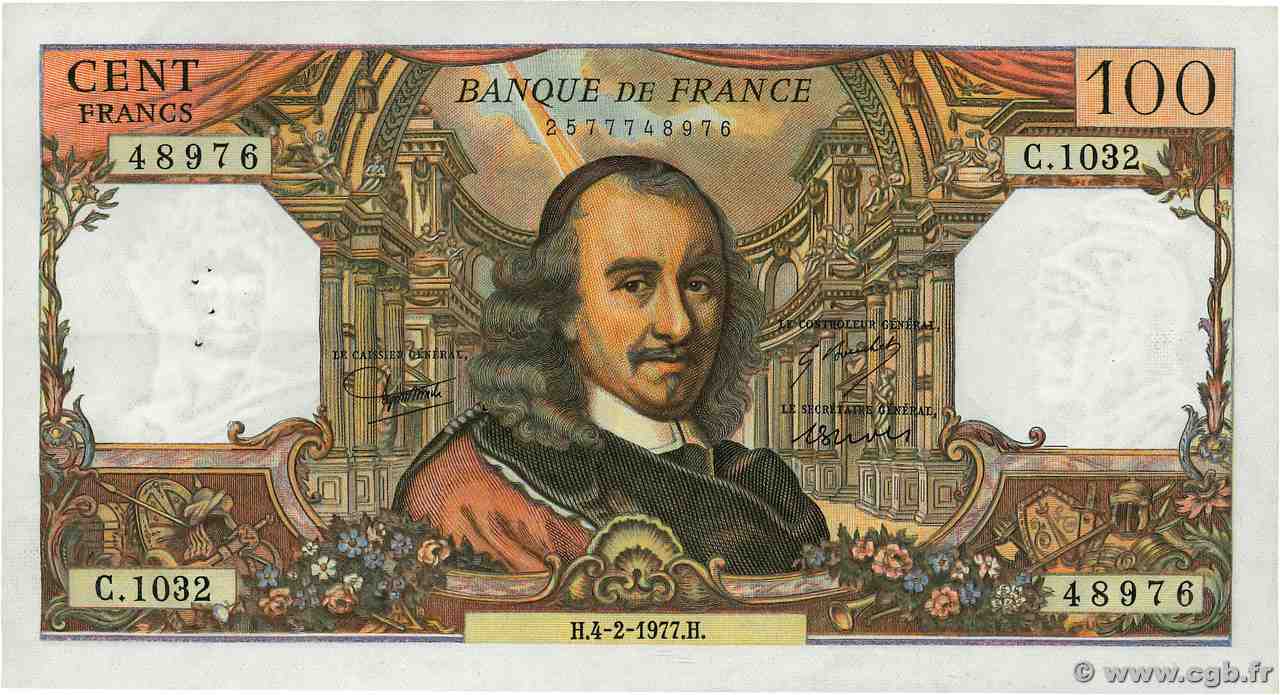 100 Francs CORNEILLE FRANCIA 1977 F.65.56 MBC+