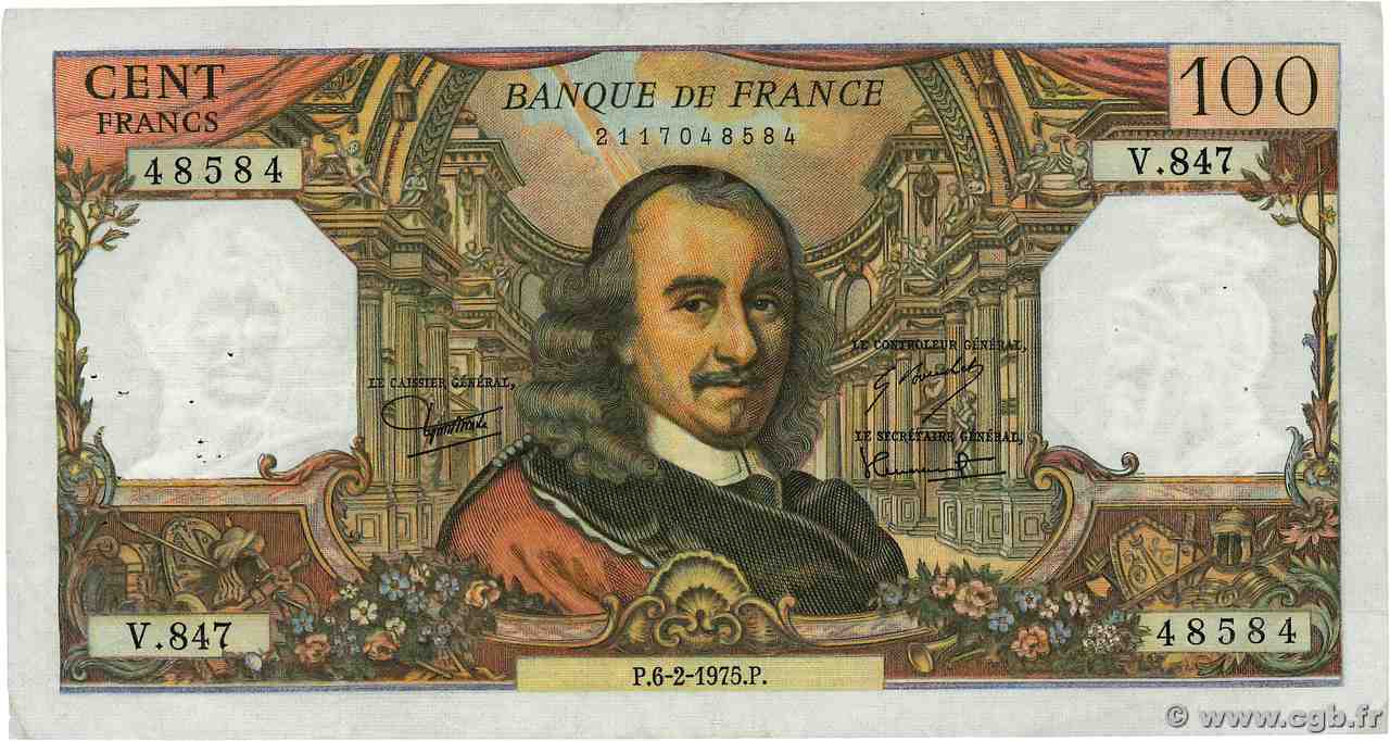 100 Francs CORNEILLE Numéro radar FRANCIA 1975 F.65.48 BC