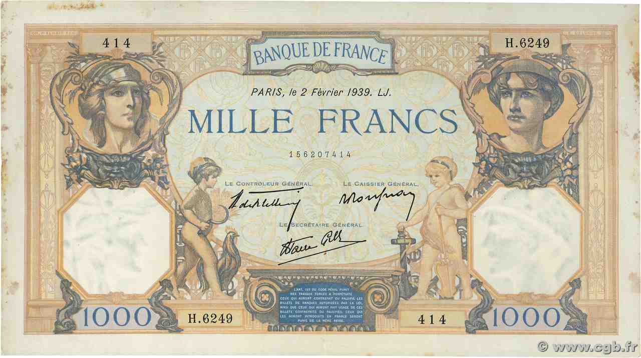 1000 Francs CÉRÈS ET MERCURE type modifié FRANCIA 1939 F.38.34 MBC+