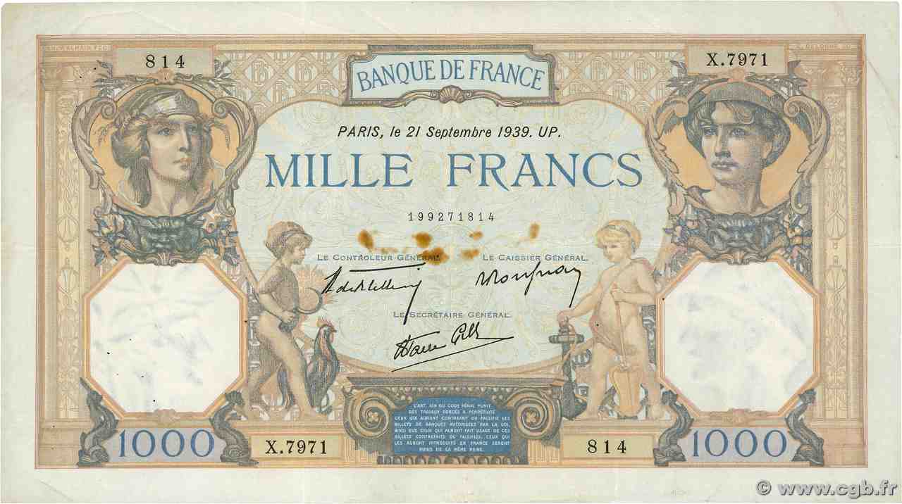 1000 Francs CÉRÈS ET MERCURE type modifié FRANCIA 1939 F.38.37 MBC