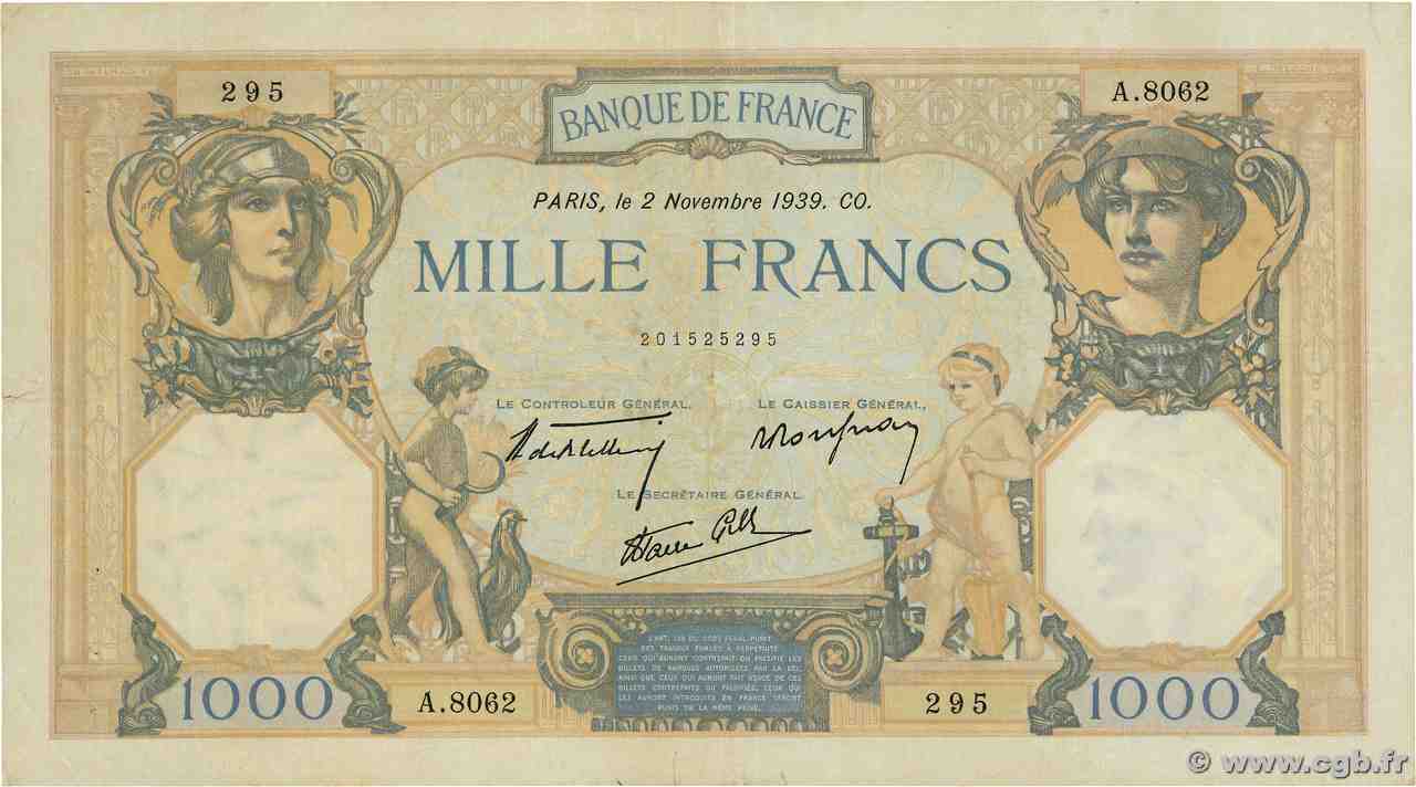 1000 Francs CÉRÈS ET MERCURE type modifié FRANCIA 1939 F.38.38 BC