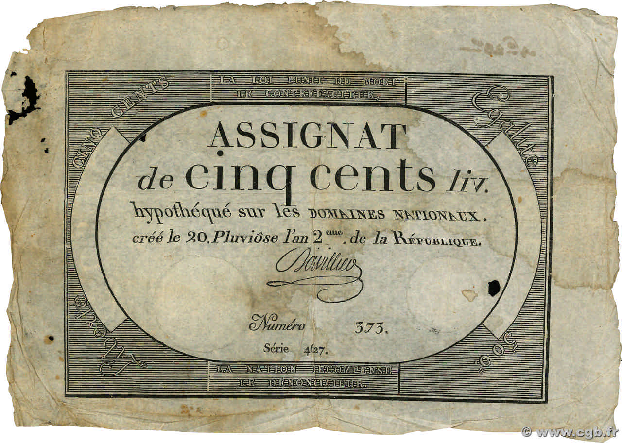 500 Livres FRANCIA 1794 Ass.47a q.MB