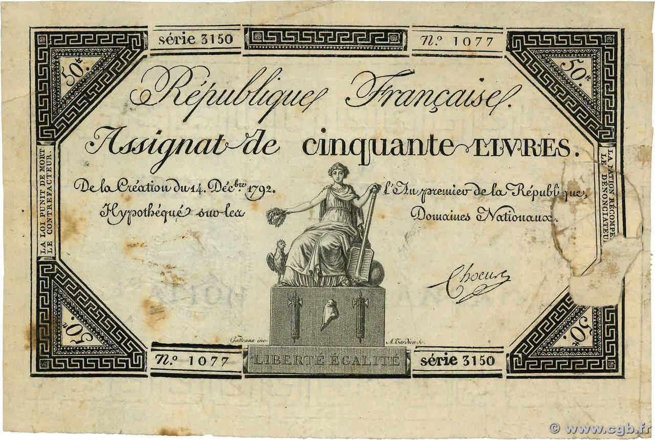 50 Livres FRANCIA 1792 Ass.39a q.MB