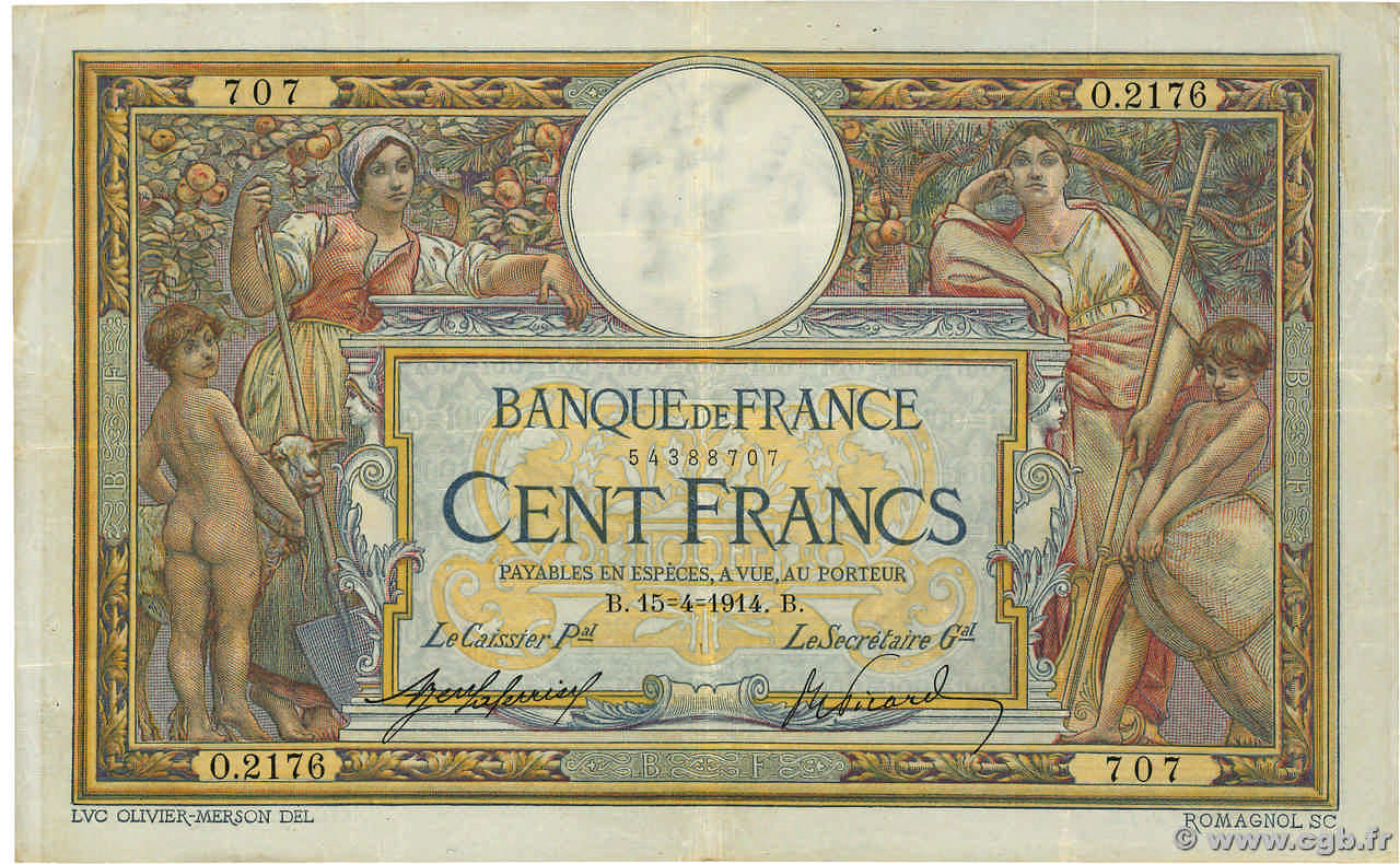 100 Francs LUC OLIVIER MERSON sans LOM FRANCE 1914 F.23.06 TB