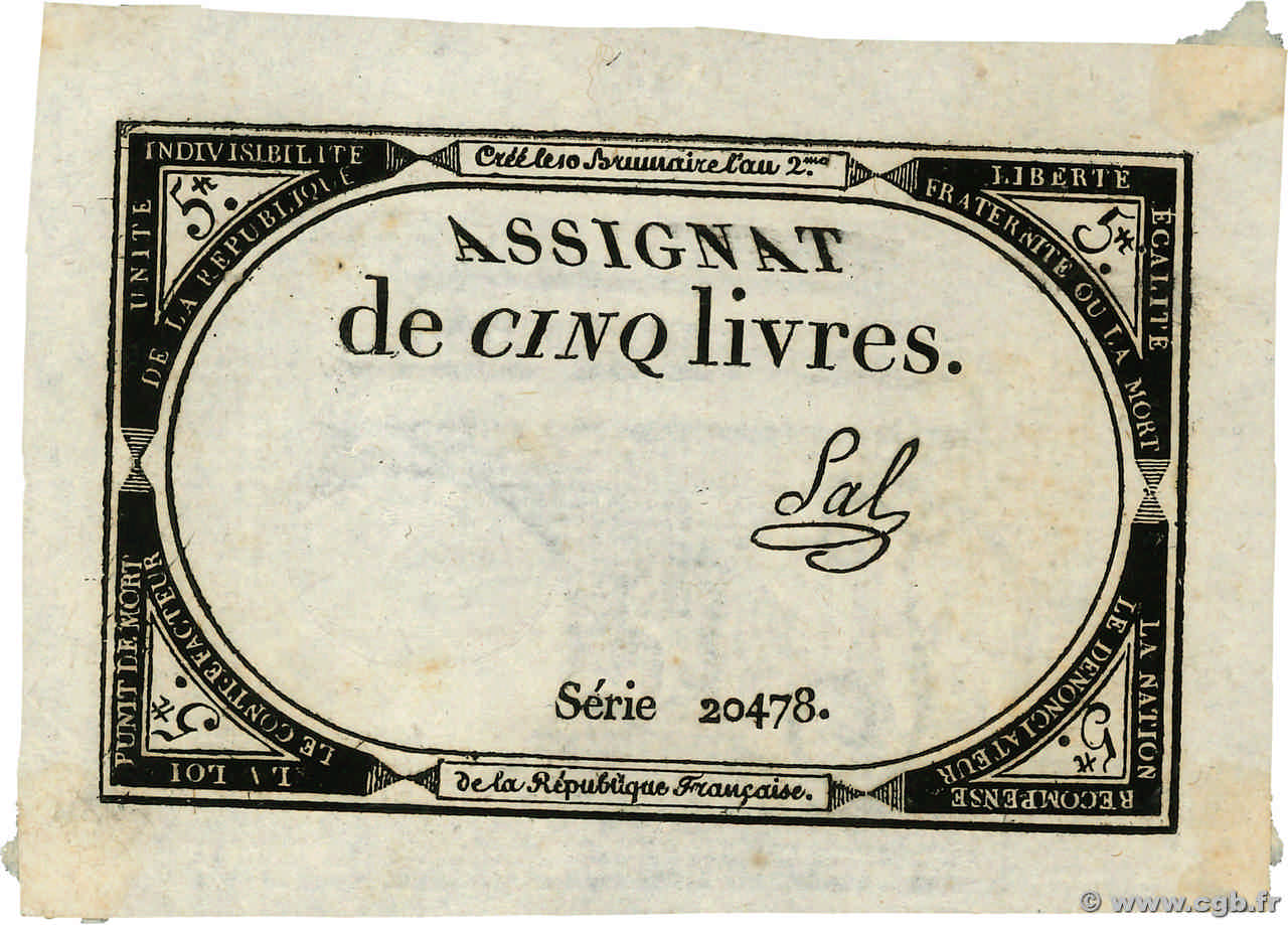 5 Livres FRANCE 1793 Ass.46a SUP+