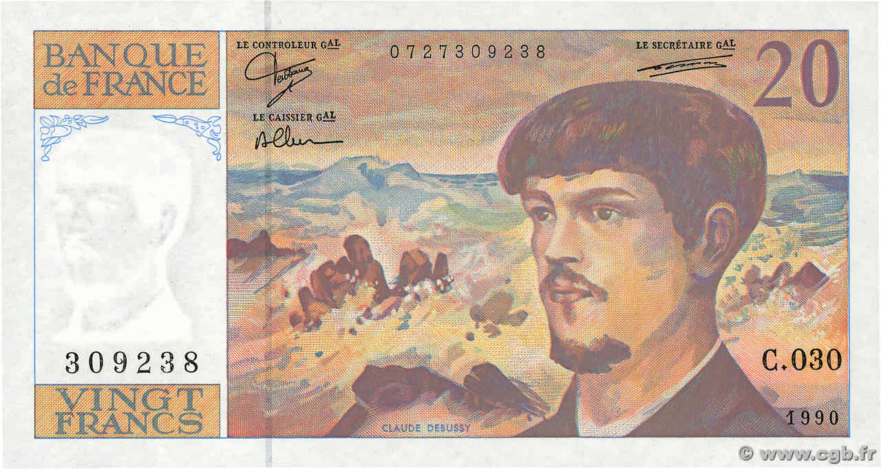 20 Francs DEBUSSY à fil de sécurité FRANCIA 1990 F.66BIS.01 q.FDC