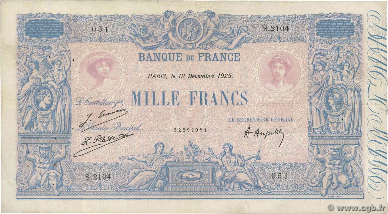 1000 Francs BLEU ET ROSE FRANCE  1925 F.36.41 F+