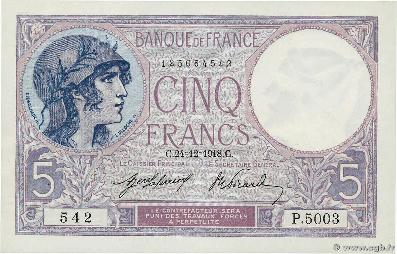 5 Francs FEMME CASQUÉE FRANCE 1918 F.03.02 pr.SPL