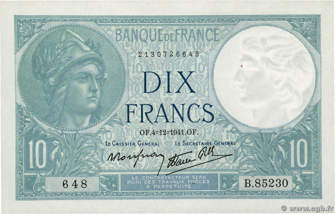 10 Francs MINERVE modifié FRANCE  1941 F.07.30 SUP+