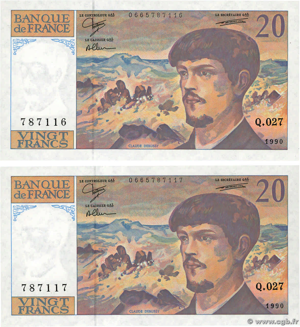 20 Francs DEBUSSY à fil de sécurité Consécutifs FRANCE  1990 F.66bis.01 NEUF