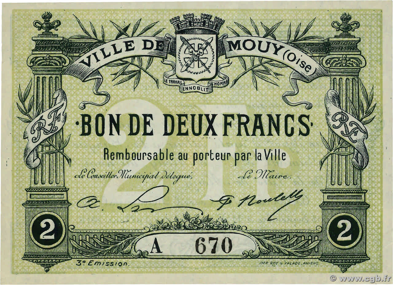 2 Francs FRANCE regionalismo e varie Mouy 1916 JP.60-054 AU