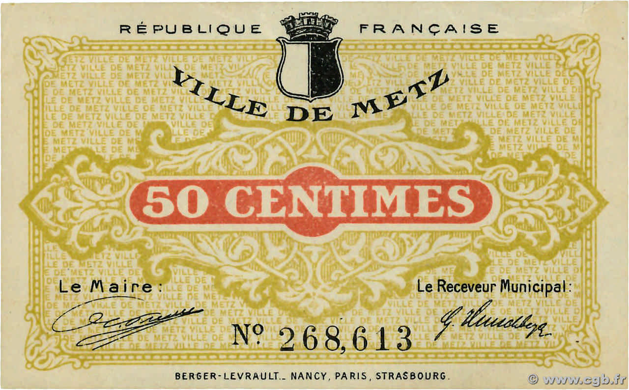50 Centimes FRANCE regionalismo e varie Metz 1918 JP.57-10 SPL