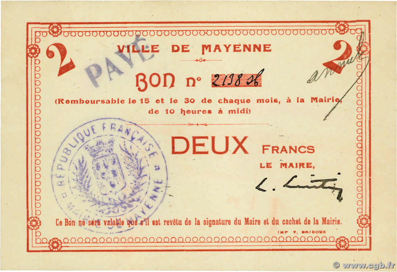 2 Francs Annulé FRANCE regionalismo e varie Mayenne 1914 JP.53-09 AU