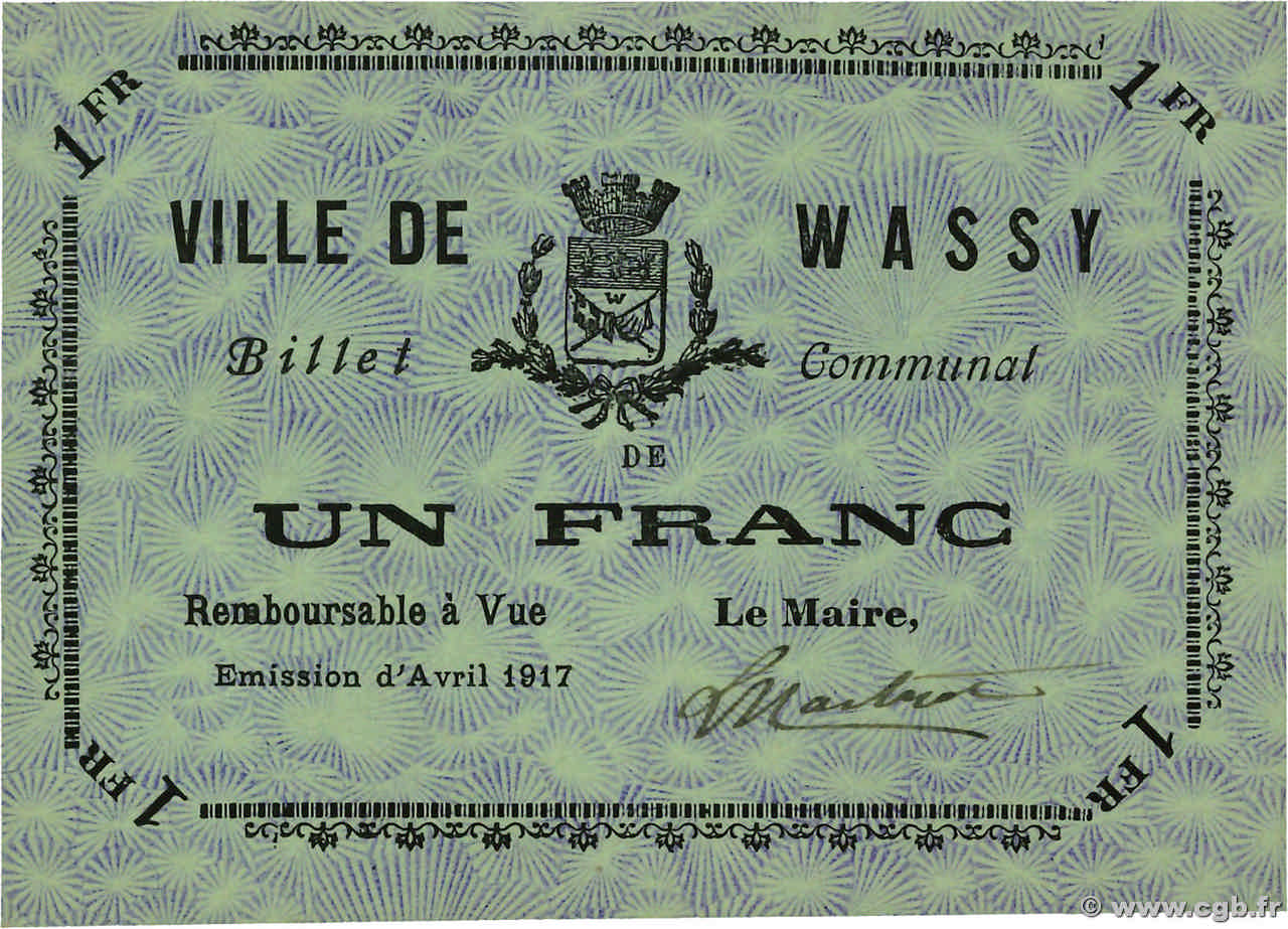 1 Franc FRANCE regionalismo e varie Wassy 1917 JP.52-51 FDC