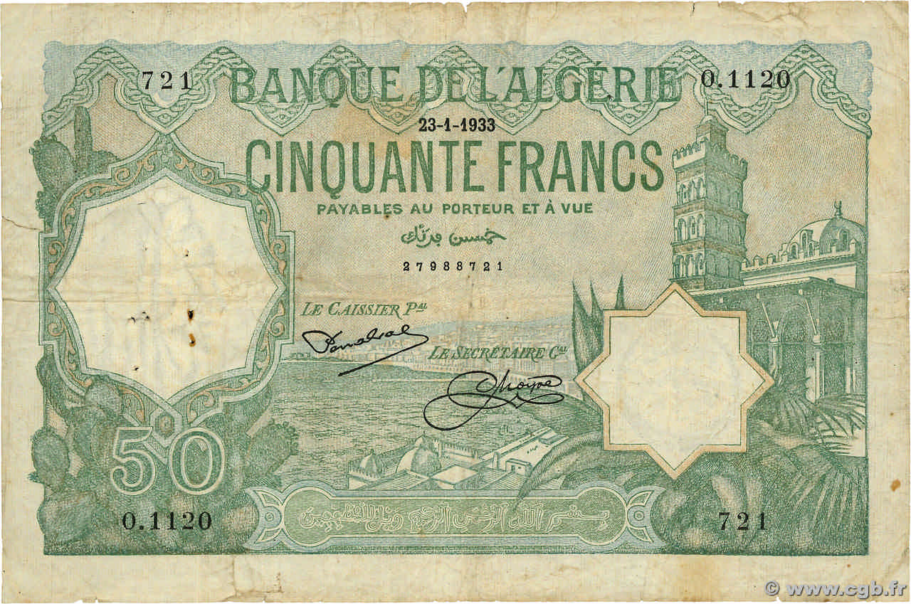 50 Francs ALGERIA 1933 P.080a q.MB