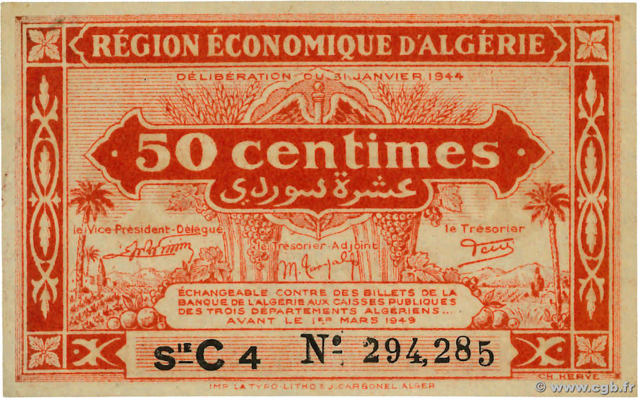 50 Centimes ALGERIA 1944 P.097a SPL