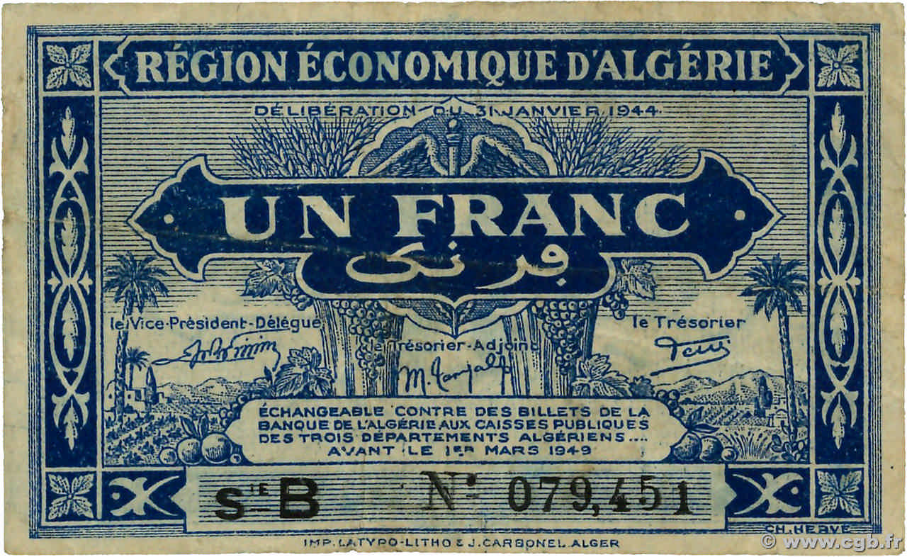 1 Franc ALGERIA 1944 P.098a MB