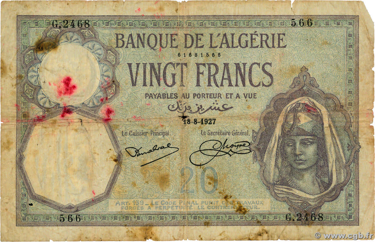 20 Francs ALGERIA 1927 P.078b B