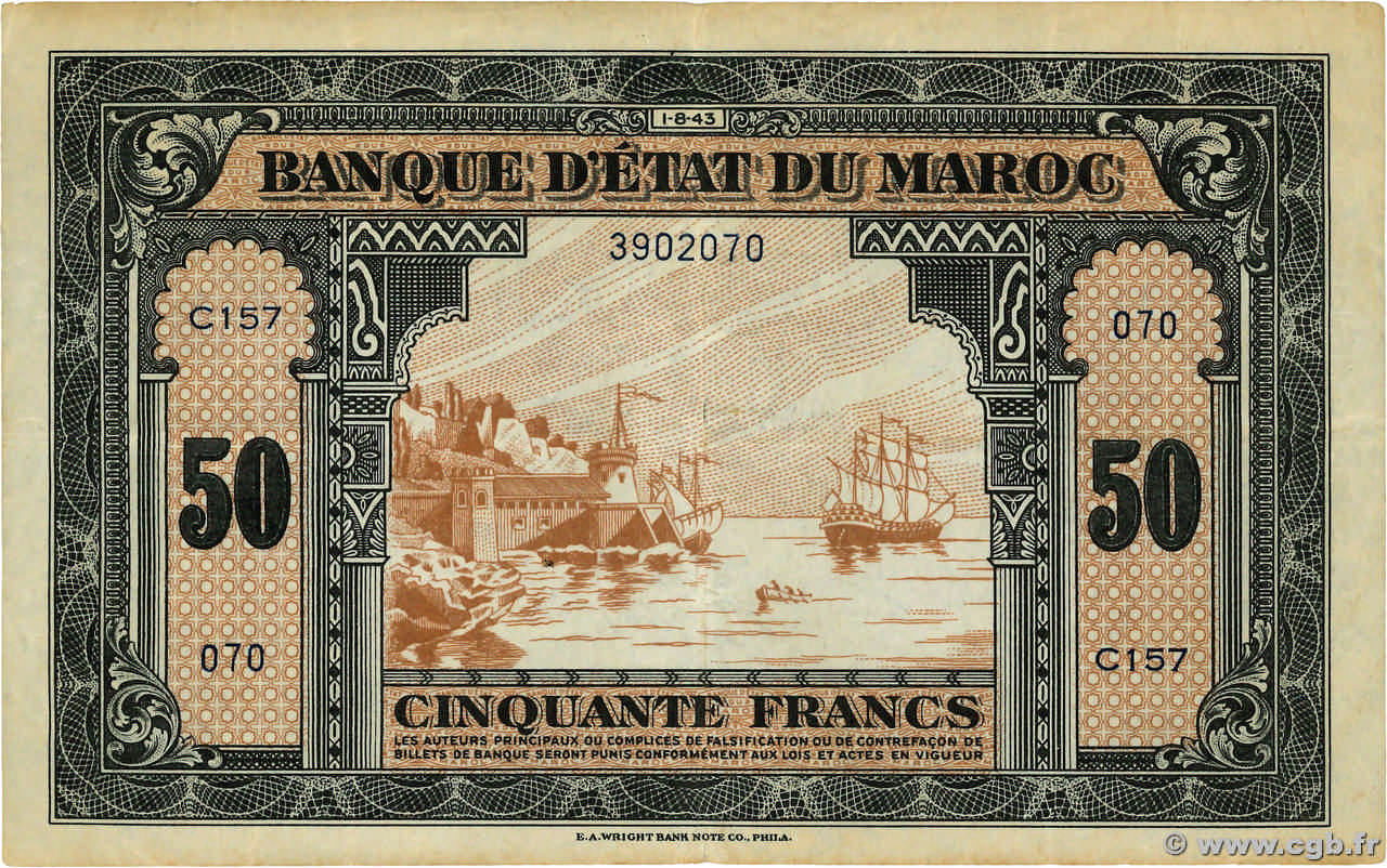 50 Francs MAROCCO 1943 P.26a q.BB