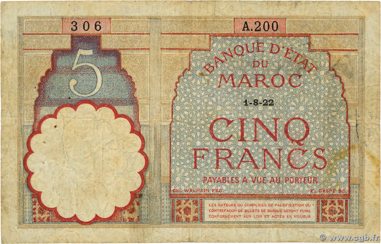 5 Francs MAROCCO 1922 P.23Aa q.MB