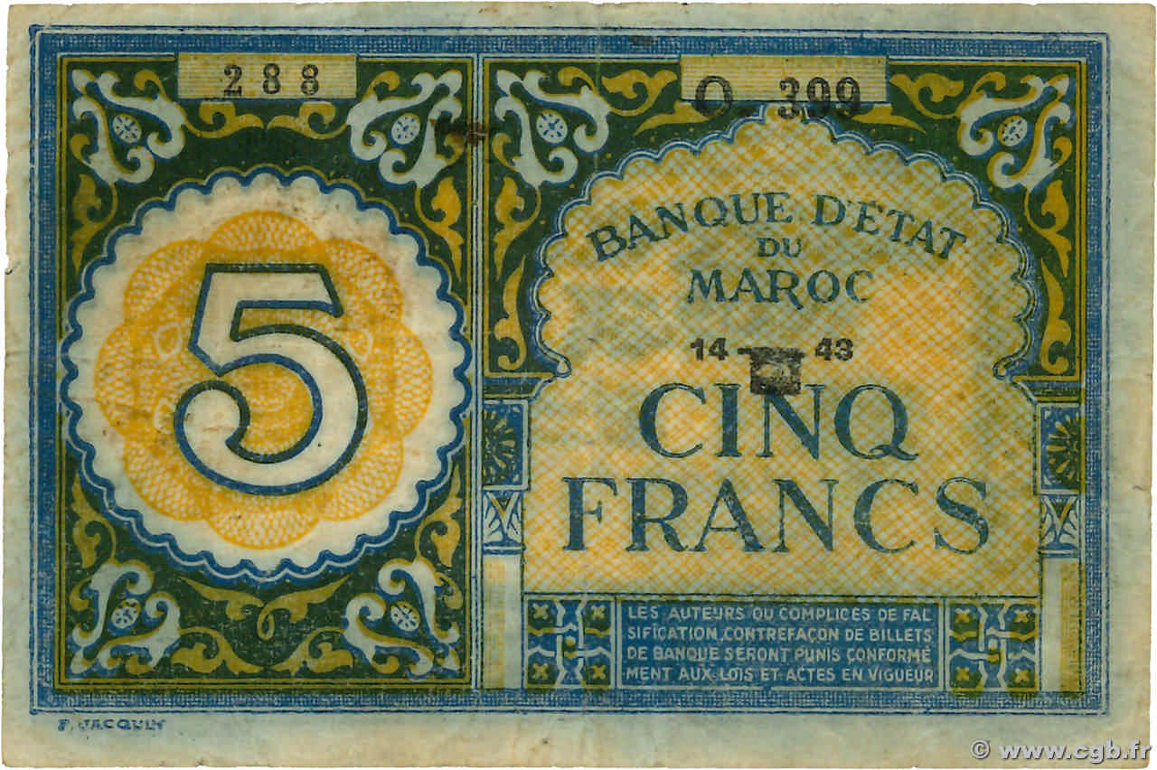 5 Francs MAROCCO 1943 P.33 MB