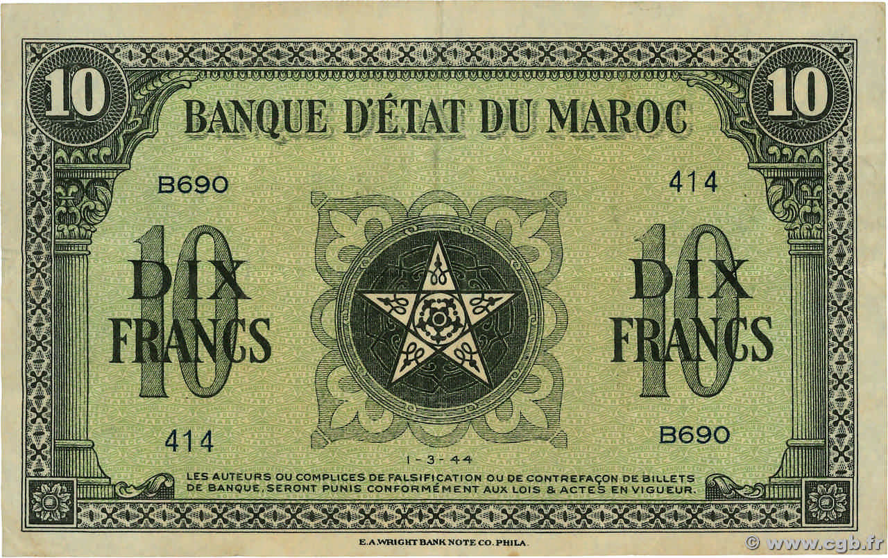 10 Francs MAROCCO 1944 P.25 BB