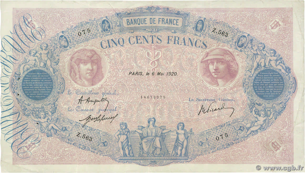 500 Francs BLEU ET ROSE FRANCIA 1920 F.30.24 BB