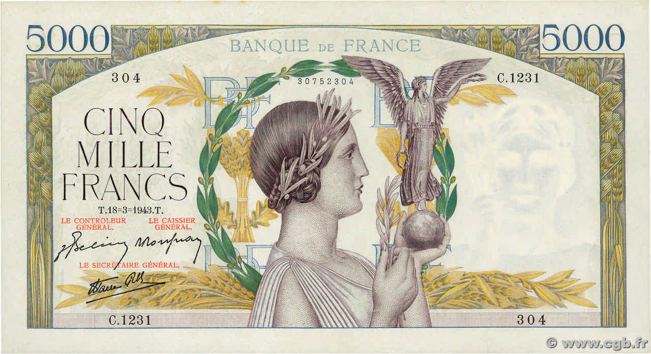 5000 Francs VICTOIRE Impression à plat FRANCIA 1943 F.46.49 SPL+