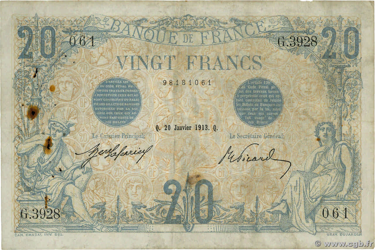 20 Francs BLEU FRANCE 1913 F.10.03 TB+