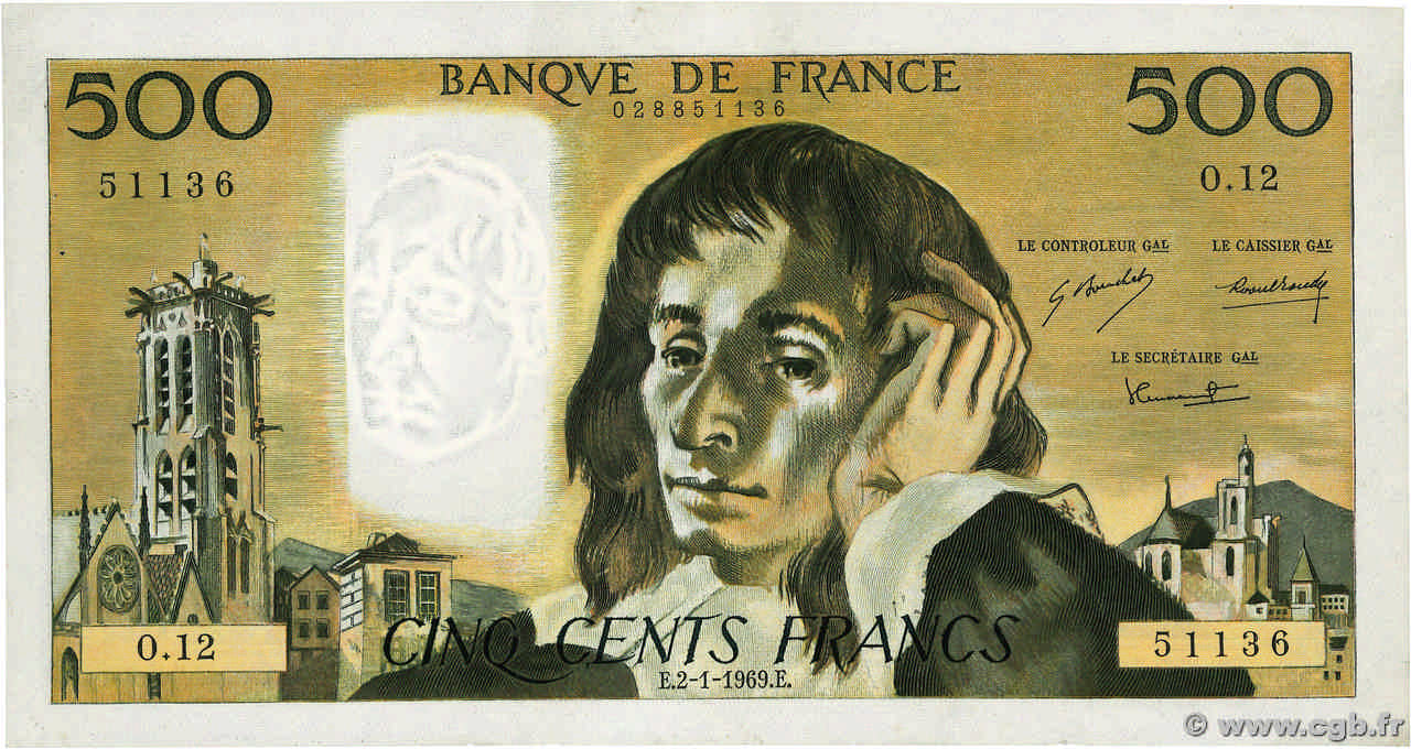500 Francs PASCAL FRANCE 1969 F.71.03 AU
