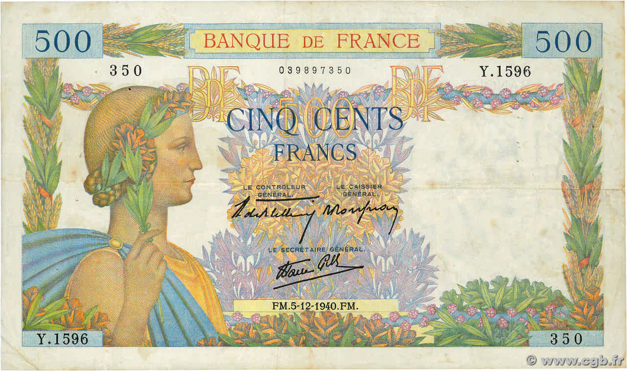 500 Francs LA PAIX FRANCE 1940 F.32.10 TB
