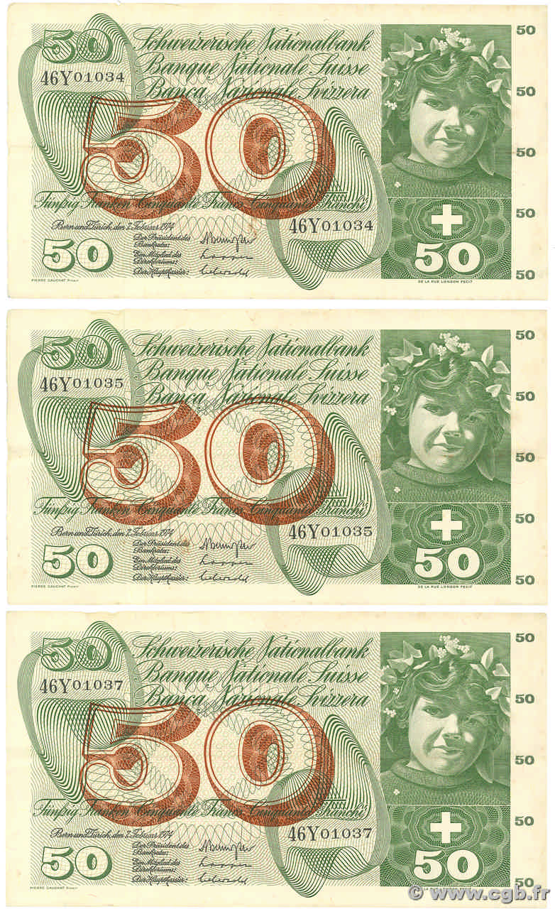 50 Francs Lot SWITZERLAND 1974 P.48n F+