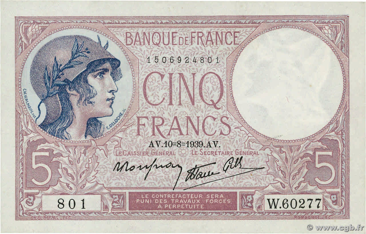 5 Francs FEMME CASQUÉE modifié FRANCE  1939 F.04.05 SUP