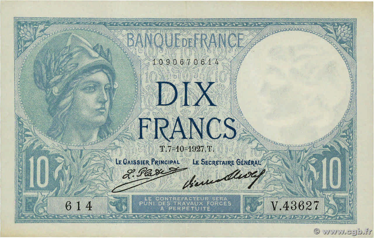 10 Francs MINERVE FRANCIA 1927 F.06.12a SPL
