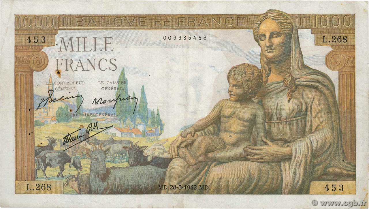 1000 Francs DÉESSE DÉMÉTER FRANCE 1942 F.40.01 F
