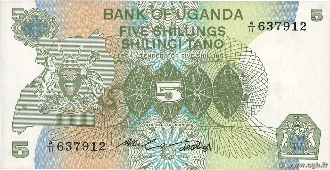 5 Shillings UGANDA  1982 P.15 ST