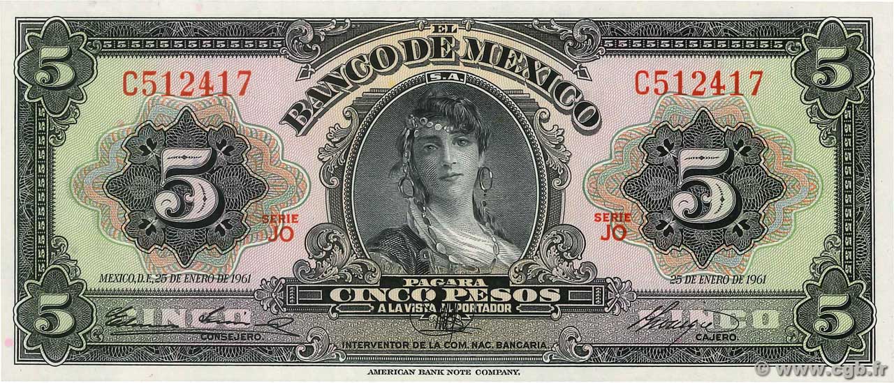 5 Pesos MEXICO  1961 P.060f FDC