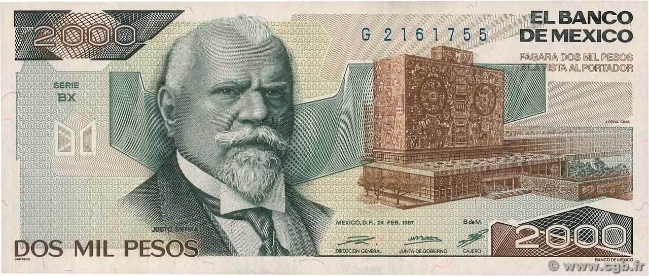 2000 Pesos MEXICO  1987 P.086b UNC