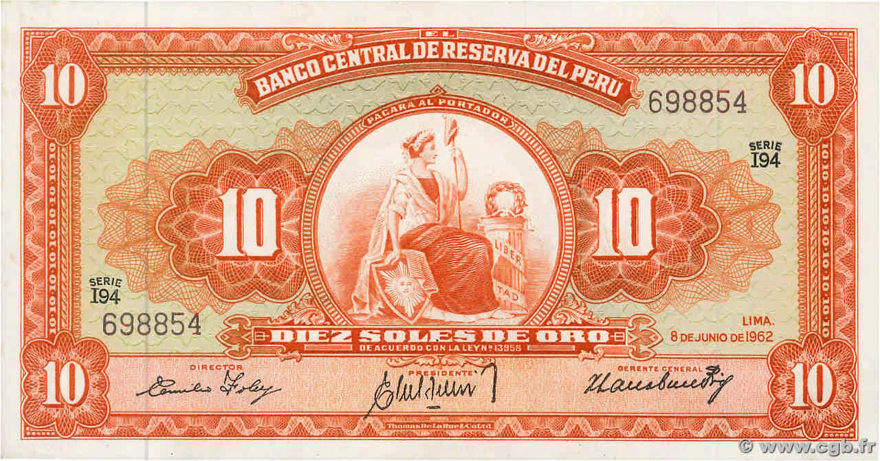 10 Soles PERU  1962 P.084a AU