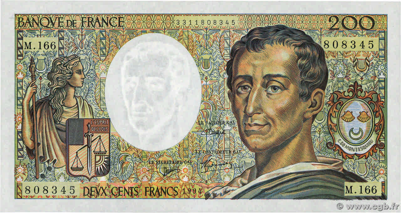 200 Francs MONTESQUIEU Modifié FRANCE 1994 F.70/2.01 UNC-