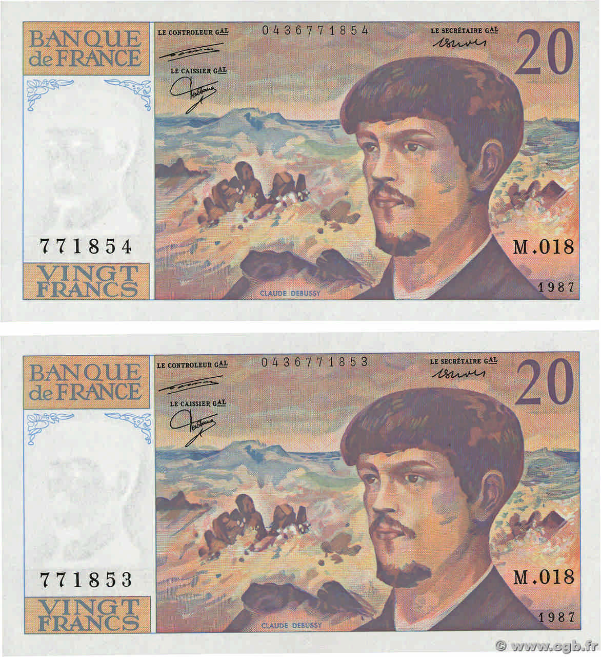 20 Francs DEBUSSY Consécutifs FRANCE  1987 F.66.08 AU