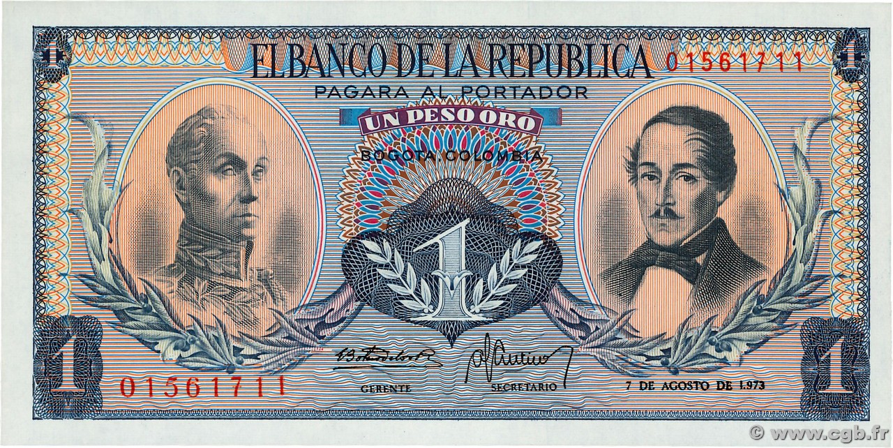 1 Peso Oro COLOMBIA  1973 P.404e UNC