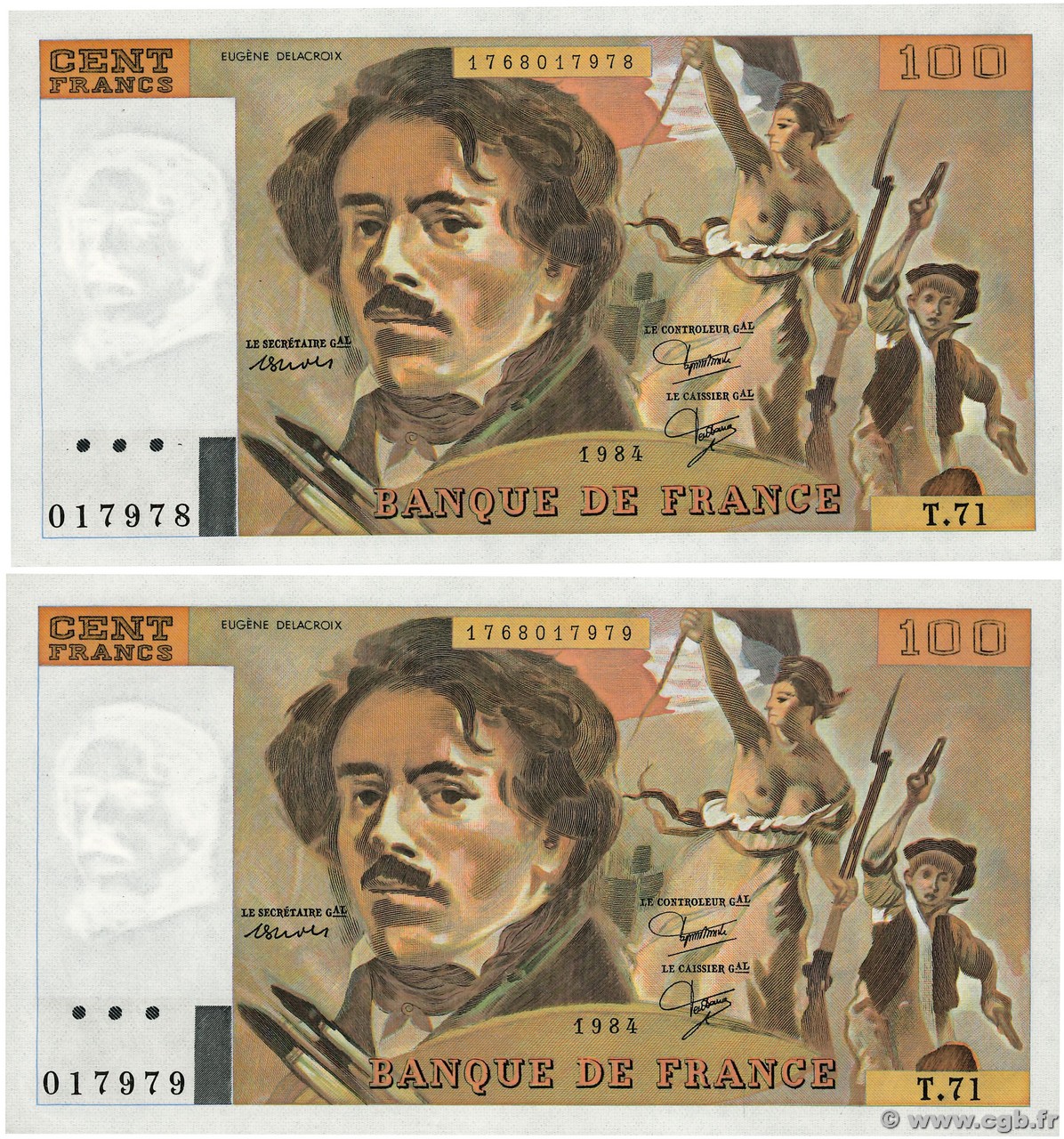 100 Francs DELACROIX modifié Consécutifs FRANCE  1984 F.69.08a SPL+