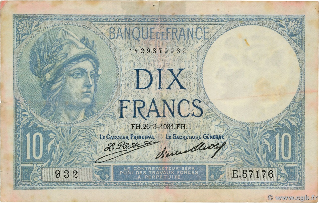 10 Francs MINERVE FRANCE 1931 F.06.15 B