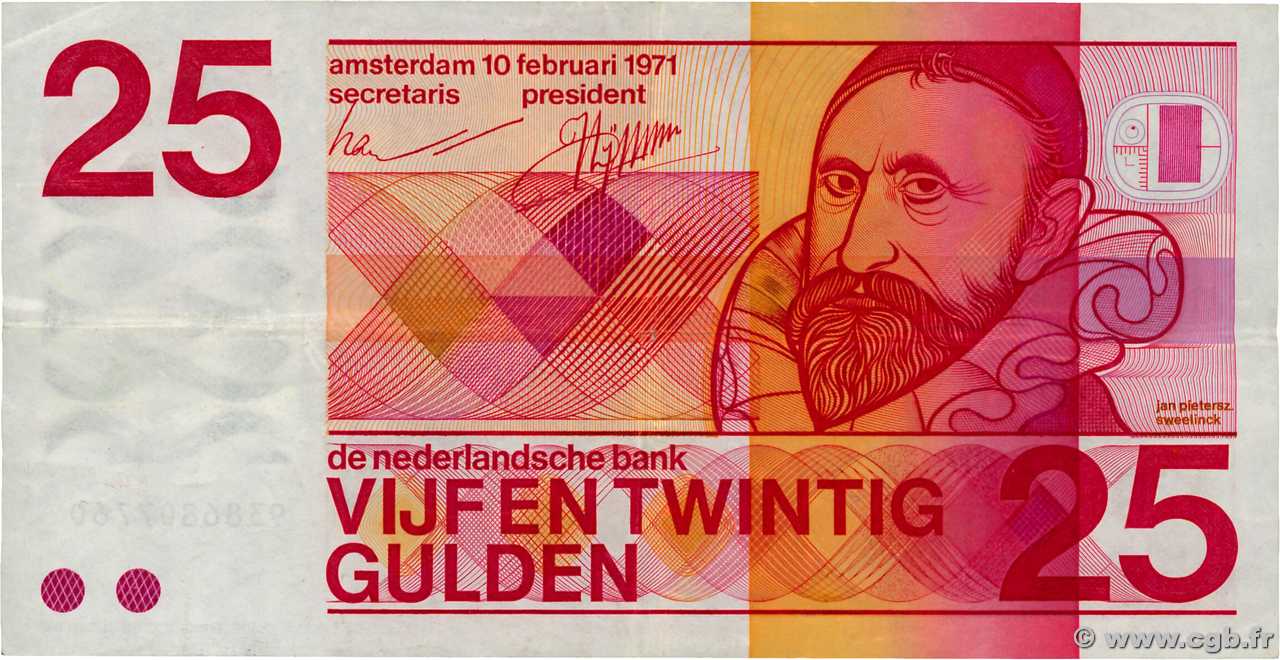 25 Gulden NETHERLANDS  1971 P.092a F+