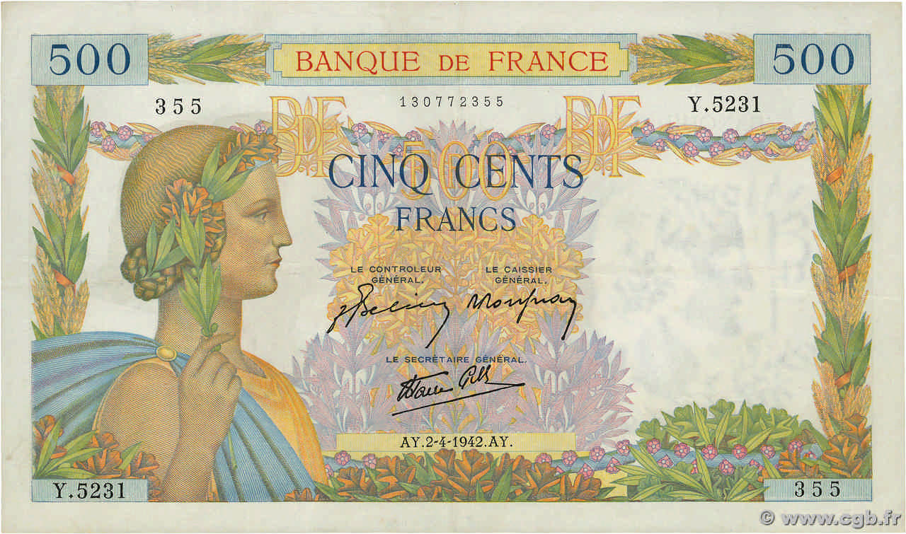 500 Francs LA PAIX FRANCE  1942 F.32.33 XF