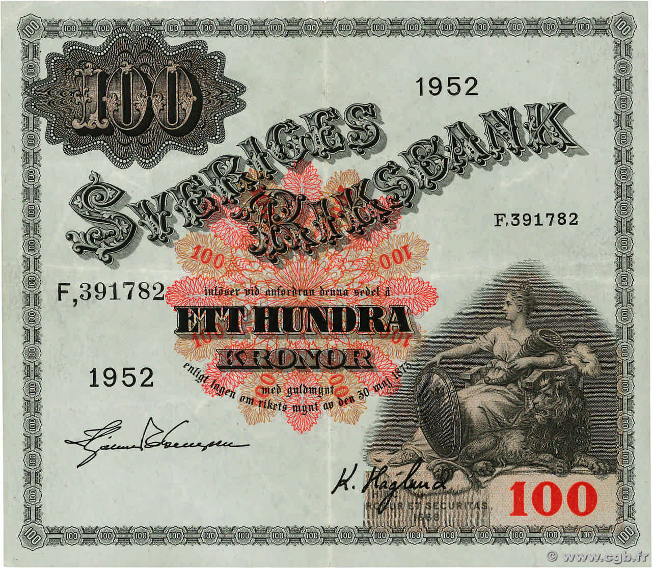 100 Kronor SUÈDE  1952 P.36ah TTB