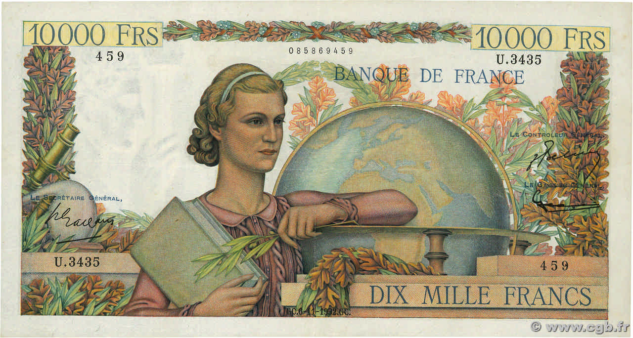 10000 Francs GÉNIE FRANÇAIS FRANCE  1952 F.50.61 VF